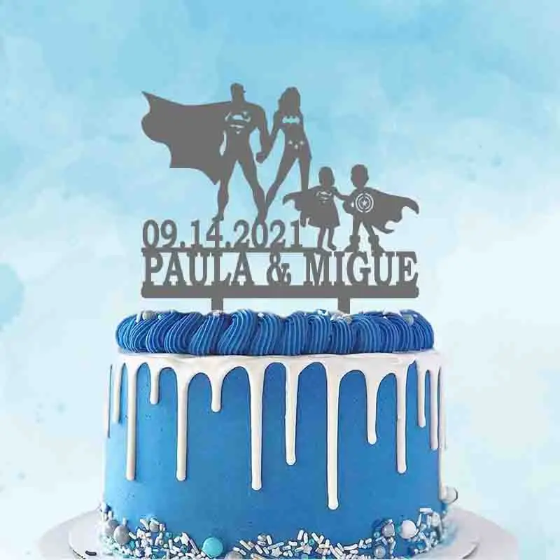 

Personalized Super Hero Family of Four Cake Topper Custom Couple's Name Party Date Wedding Anniversary Cake Decoration Topper