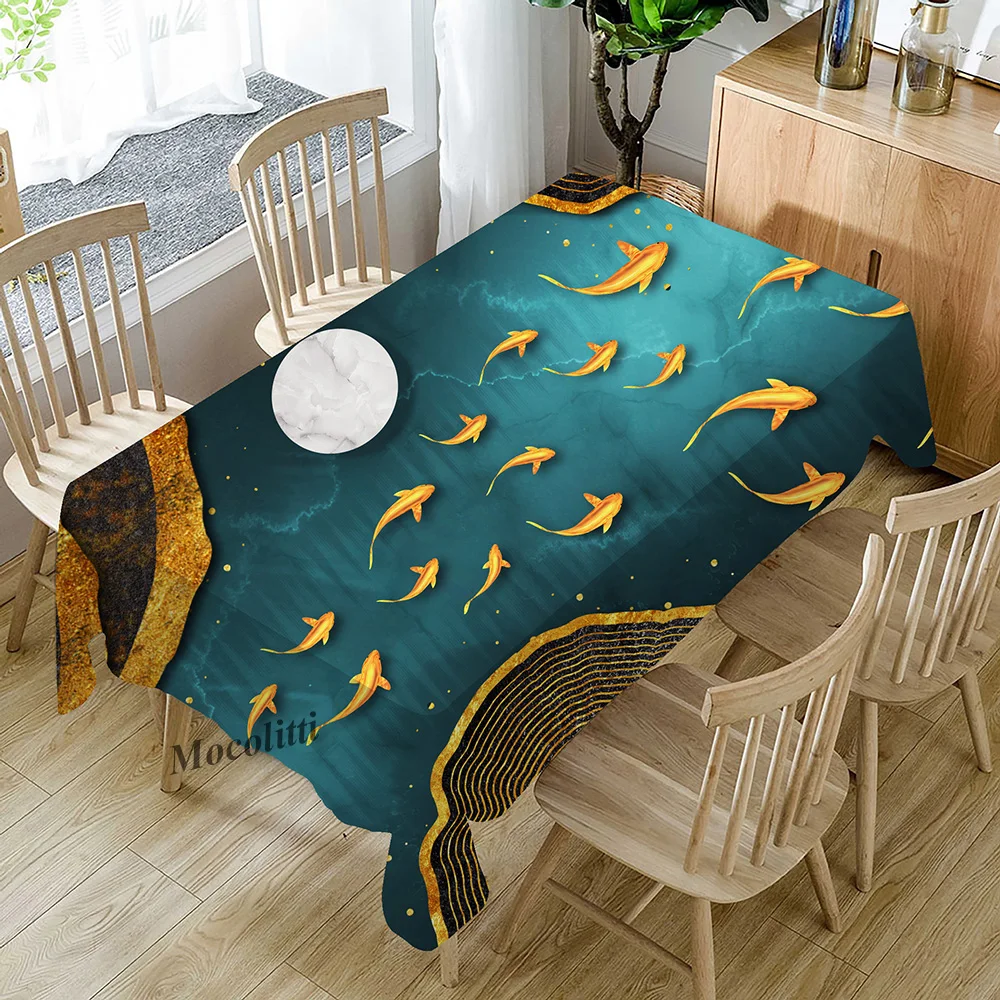 Golden Ocean Whale Nordic Luxury Waterproof Cotton Linen Kitchen Decorative Tablecloth Abstract Geometric Gild Desk Table Cloth