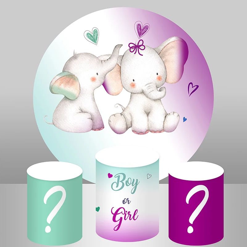 Baby Elephant Gender Reveal Round Backdrop Cover Boy Or Girl Baby Shower Twins 1st Birthday Background Plinth Covers Customized
