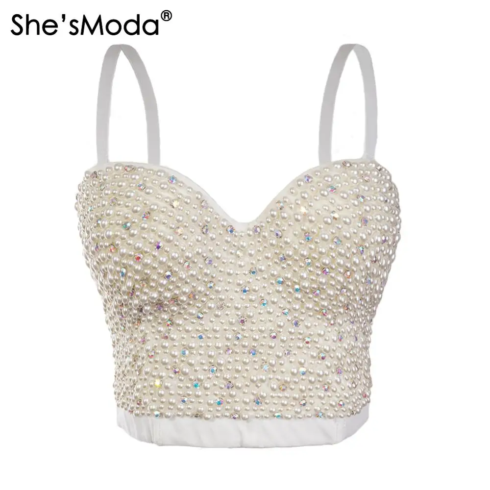 

She'sModa Hand-made Pearls Jewel Diamond Bralet Women's Bustier Bra Wedding Party Corset Cropped Top Vest Plus Size