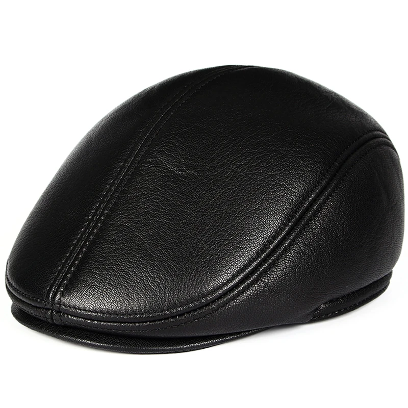 Spring Men's Real Genuine sheep Leather baseball Cap brand Newsboy /Beret Hat winter warm caps&hats men with ears ear flap
