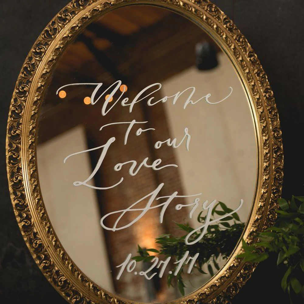 

Wedding welcome to our love story quote mirror calligraphy vinyl sticker Quote