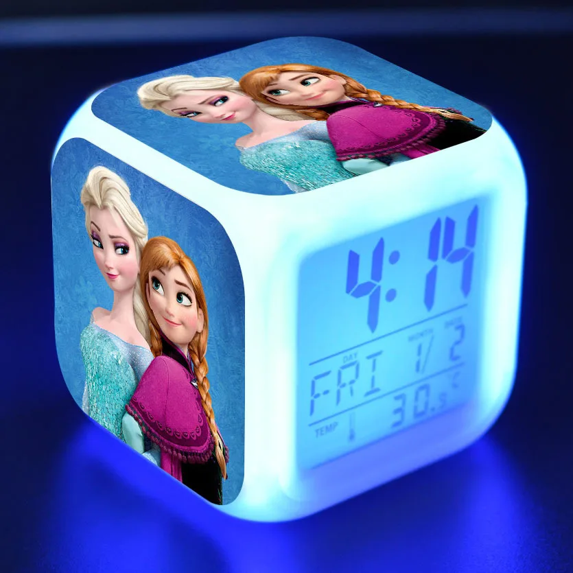 Frozen 2 Colorful LED Luminous Creative Alarm Clock Disney Anime Figure Elsa Anna Olaf Pattern Girls Toys Child\'s Birthday Gifts