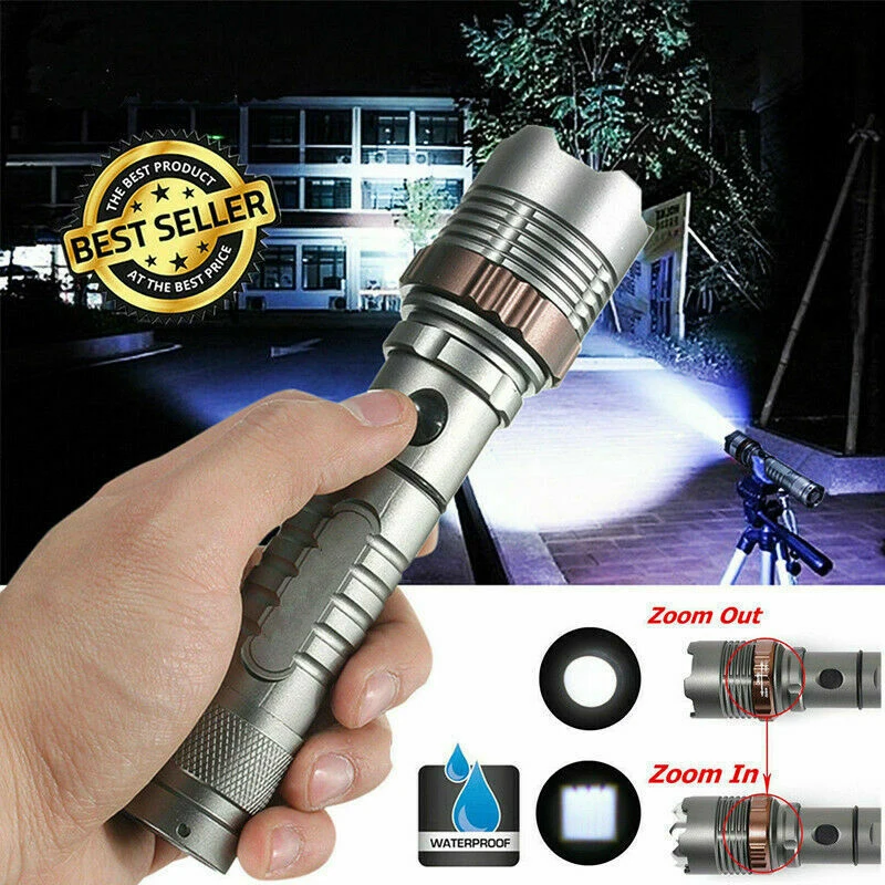 D2 Powerful Tactical LED Flashlight Rechargeable Police Super Bright Torch Zoomable 5 Modes Lantern High power led flashlights