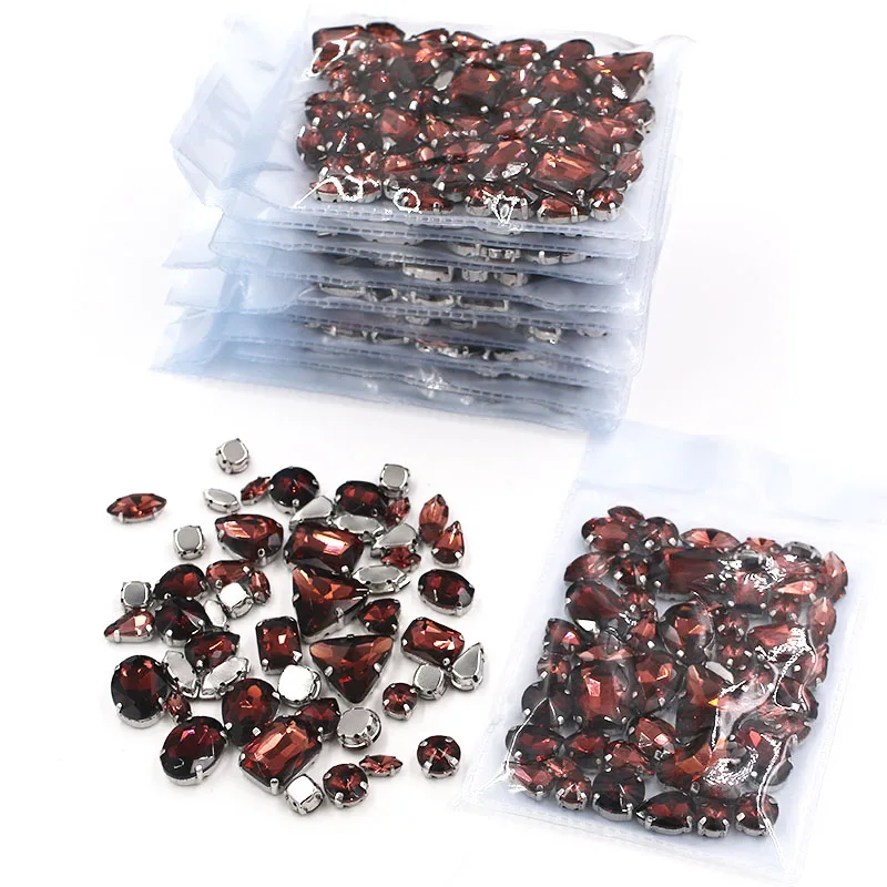 Hot sale Clothing accessories Wholesale 5 bags mixed shape glass crystal Wine red sew on rhinestones diy wedding dress