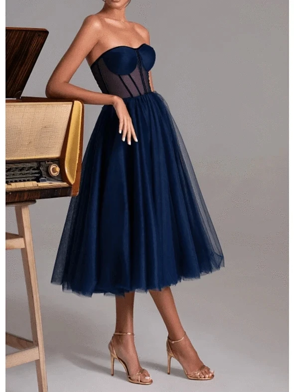 Vkiss Store Navy Prom Dresses Sleeveless Tulle Dresses Elegant Wedding Party Dresses Evening Guest Dresses Dance Queen Dresses C