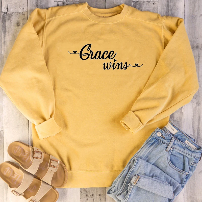 

Grace Wins Heart Graphic Women Funny Slogan Religion Casual Young Street Style Pullovers Cute Vintage Sweatshirts