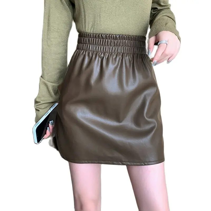 

Women Leather Skirt Autumn Winter New 2021 Elastic High Waist A-line Mini Skirt Female Black Sexy Skirts Womens Fashion Korean