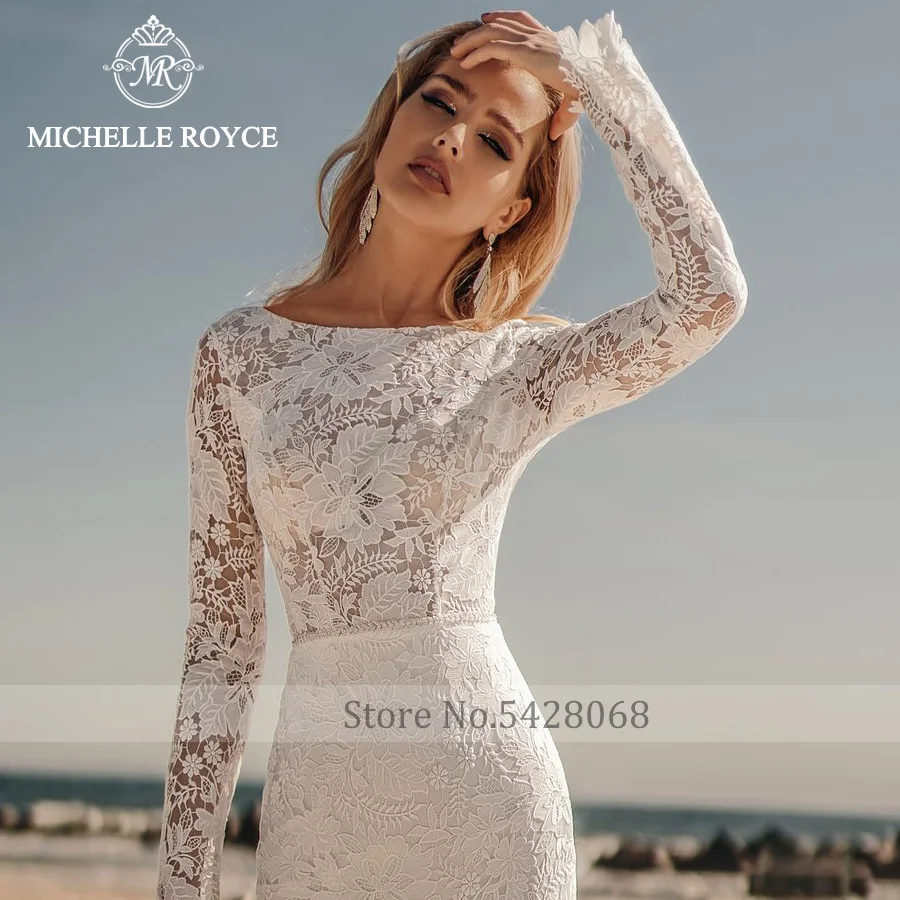 Michelle Royce Mermaid Scoop Long Sleeve Wedding Dresses For Women 2022 Bride Backless Chapel Train Bridal Gown Vestido De Novia