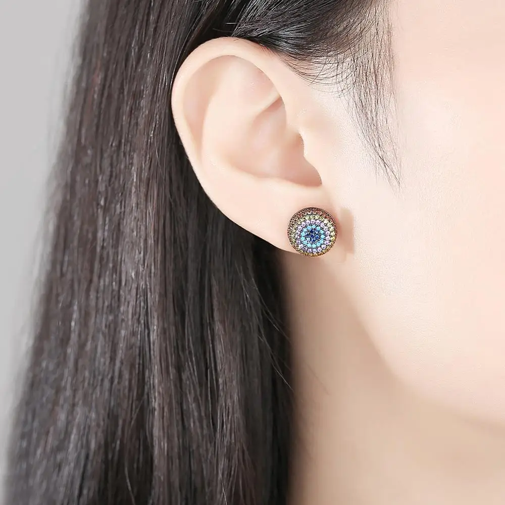 LUOTEEMI Korean Fashion Blue Cubic Zircon Round Stud Earring for Women Girls Korean Fashion Jewelry Hip Hop Teens Christmas Gift