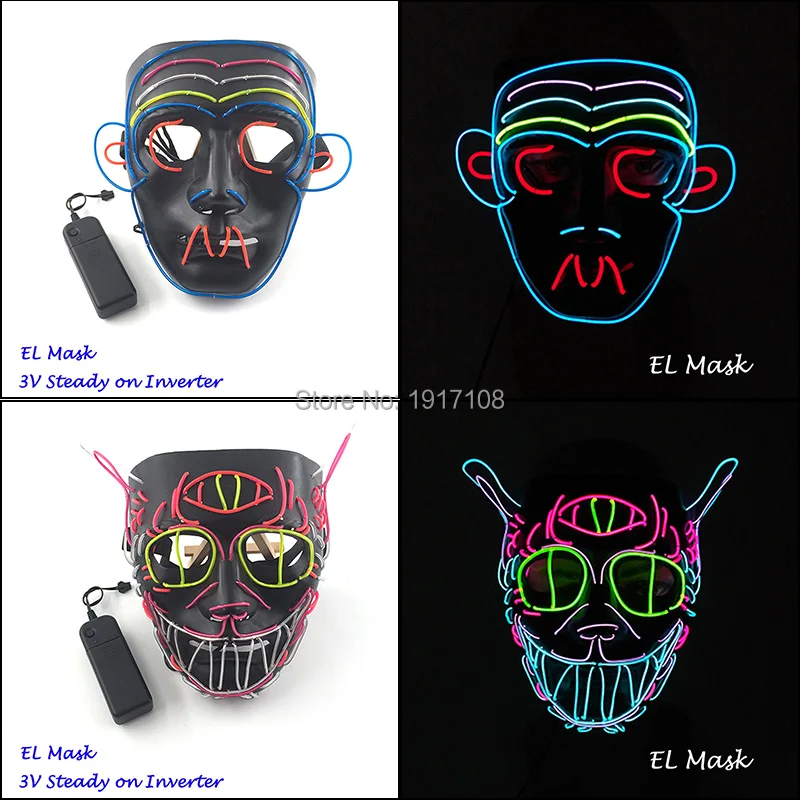 New Type EL Wire Frightening Mask Funny Animal Cat Monkey Mask LED Light up Mask For Halloween Mask Cosplay