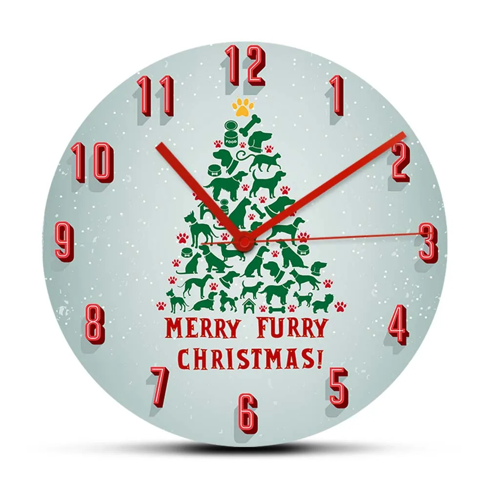 Merry Furry Christmas Wall Clock Cat And Dog Pet Owners Home Décor Clock Silent Swept Wall Watch For Bedroom Animals Lovers Gift