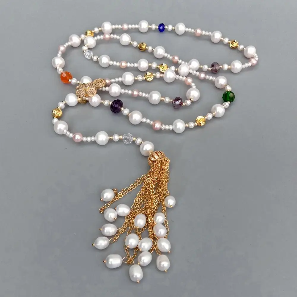 Y.YING Cultured White Pearl Long Multi Color Crystal Tassels Necklace 41\