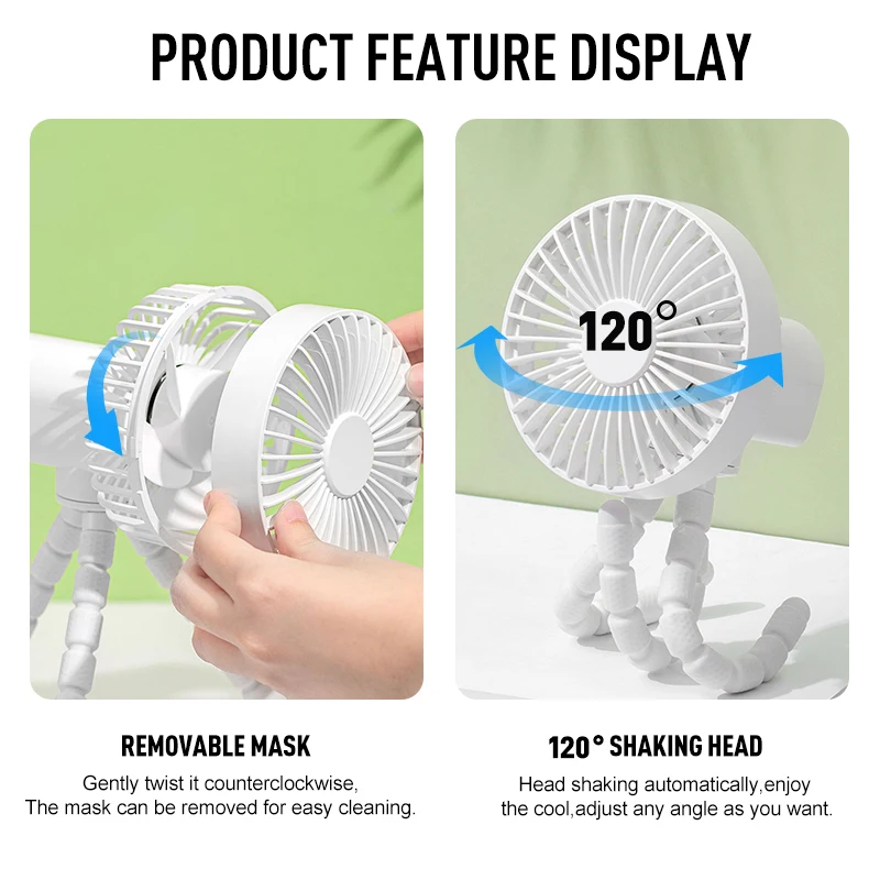 Mini Stroller Fan Cooler Clip for Baby Rechargeable Hand Fan with Head Shaking Desktop Table USB Portable Fan House Kitchen