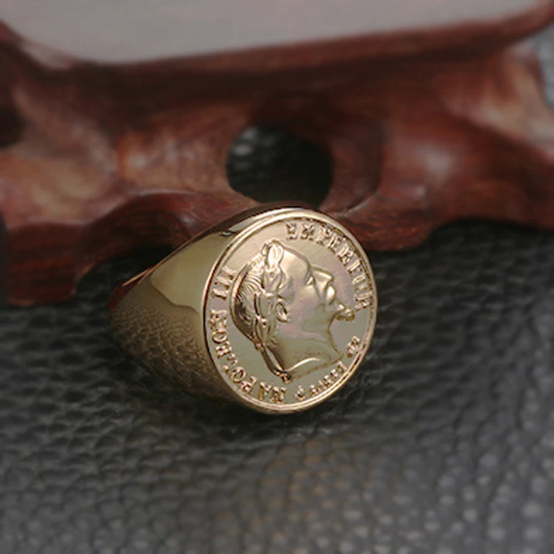 French Napoleon III Emperor Signet Ring Gold For Men Stainless Steel Francs Coin Jewelry Punk Size 7-14