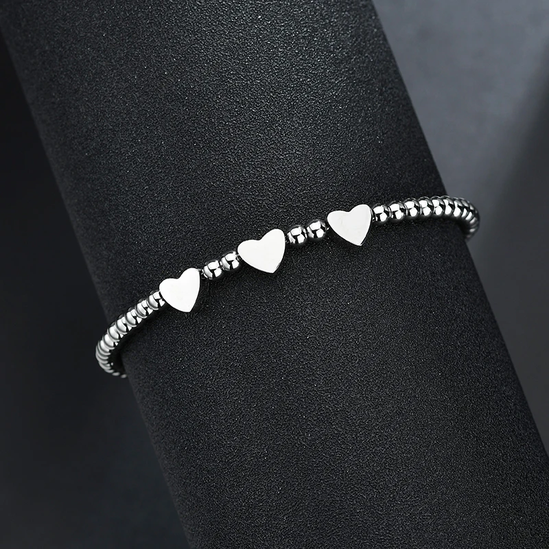 Letdiffery Stainless Steel 3 Tiny Hearts Beads Bracelets Stainless Steel Never Fade Silver Color Women Jewelry For Girl Wife
