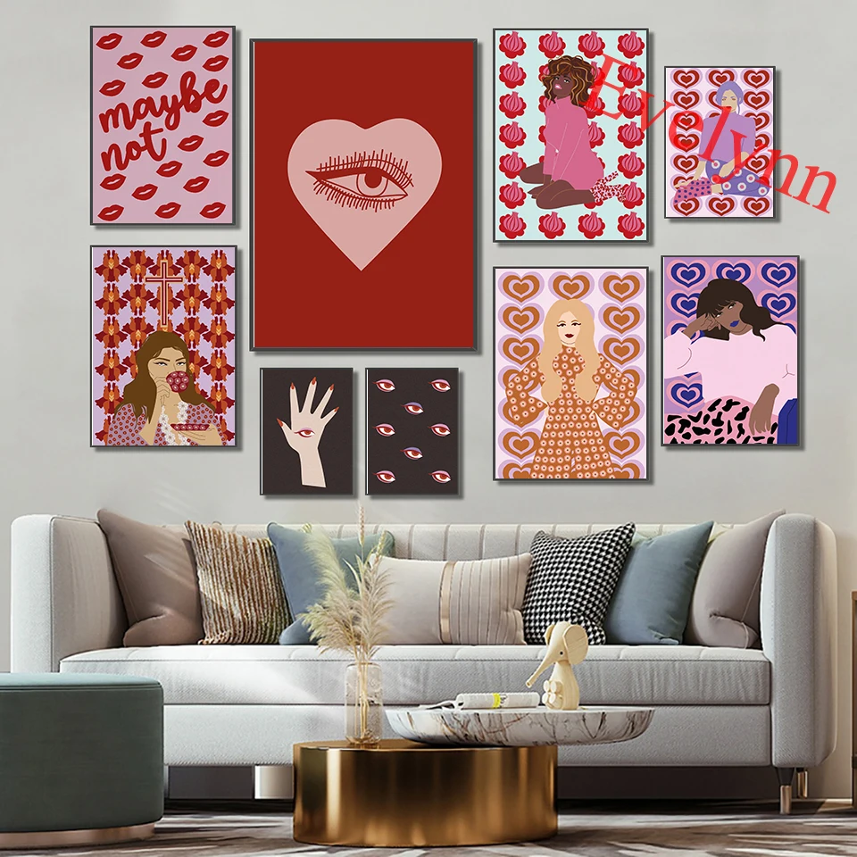 

Groovy Retro Pink And Red Heart Posters-Psychedelic Female Girl Art-60s Boho 70s Magic Eyes Art-Room Decor Canvas Wall Art Print