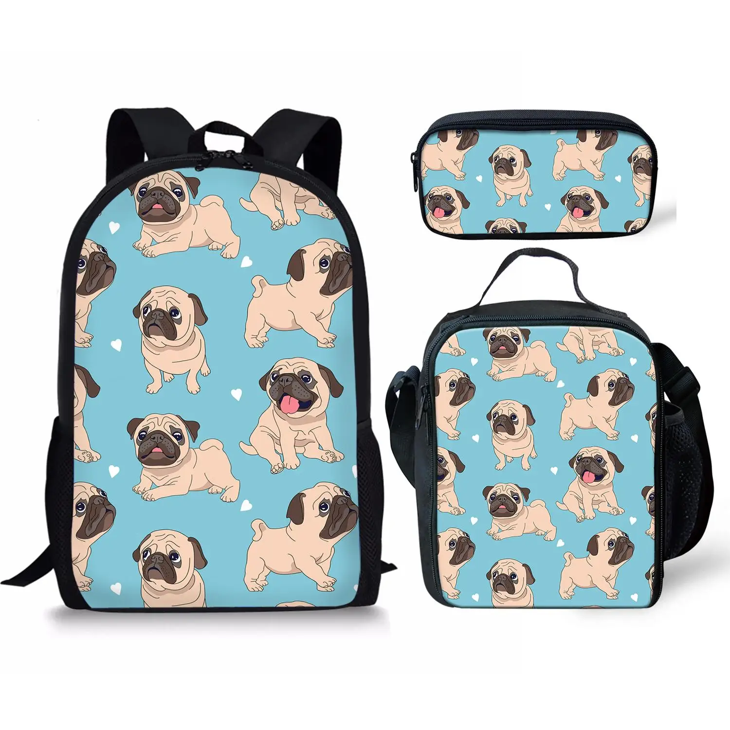 Funny 3D Pug Dog/Cat Print 3PCS Children Backpack Fashion Lunch Case Middle School Students Backpacks Kids Pen Boxes Satchel