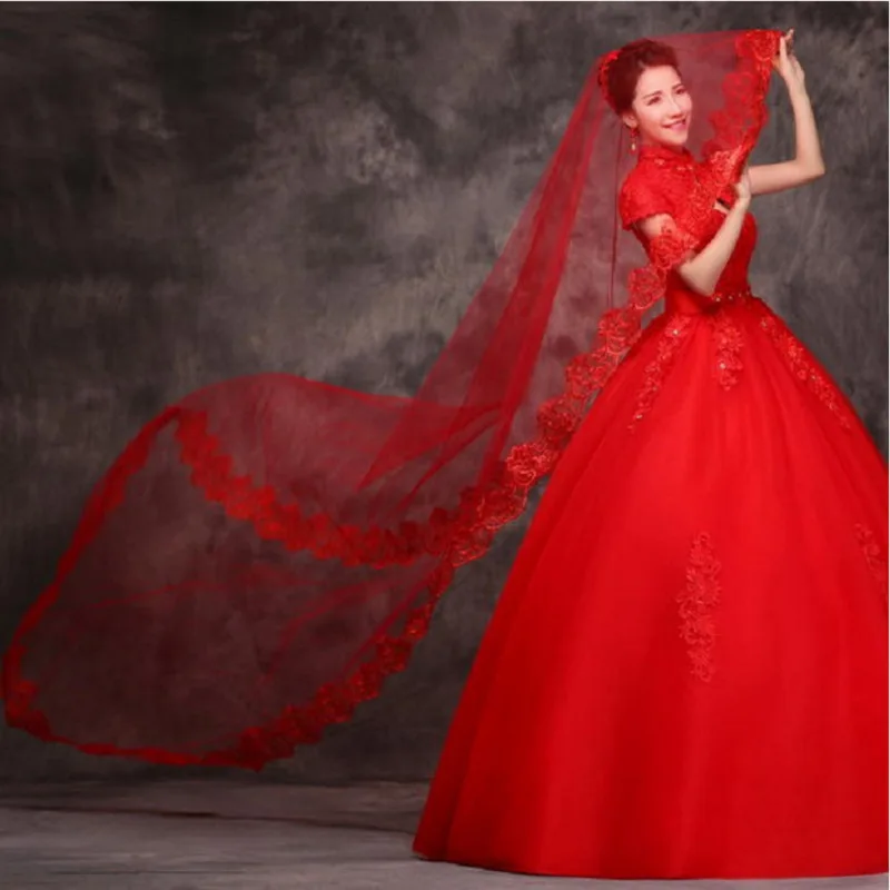 One Layer Red Lace Edge Appliques Wedding Veil Voile Mariage Accessories