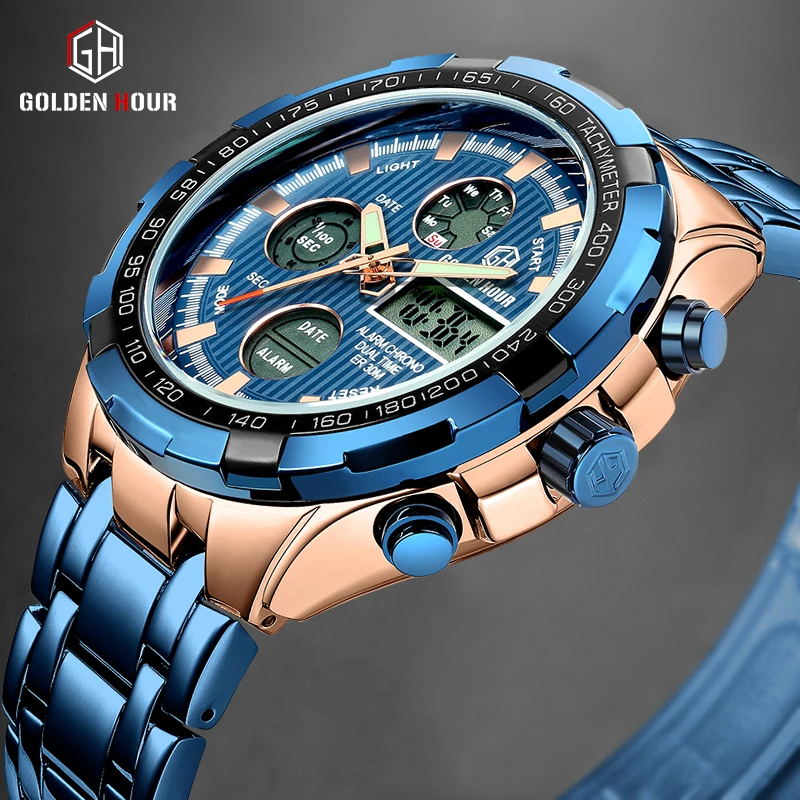 

GOLDENHOUR Mens Watches Top Brand Luxury Fashion LED Dual Display Wristwatch Stainless Steel Sports Clock Relogio Masculino