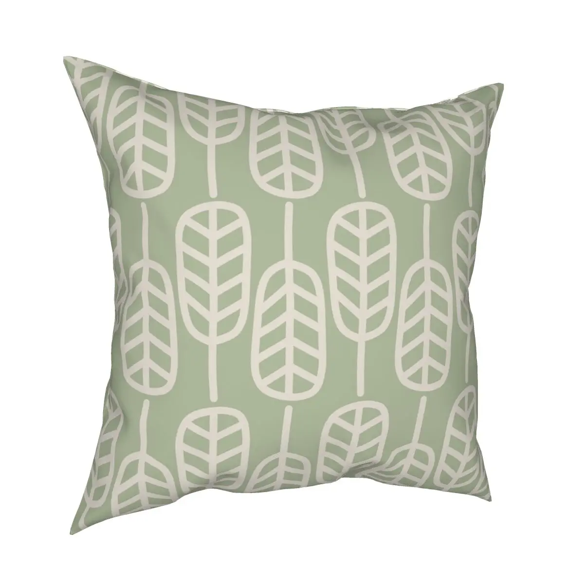 Feather Leaves Scandi Pattern In Sage Green And Beige Square Pillowcase Printed Decor Home Cushion Cover