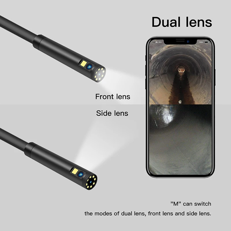 2MP Dual Lens Handheld Endoscope Inspection Camera IP68 Waterproof Snake Camera 8MM 1080P HD With 2600mAh Battery 9 LEDS Camera
