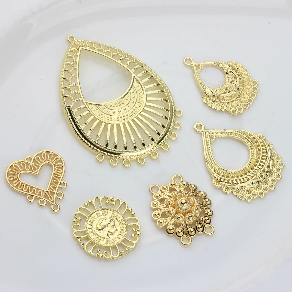 Zinc Alloy Charms Flat  Round Water Drop Shape Hollow Connector Charms 6pcs/lot For DIY Tassel Earrings Making Accessories