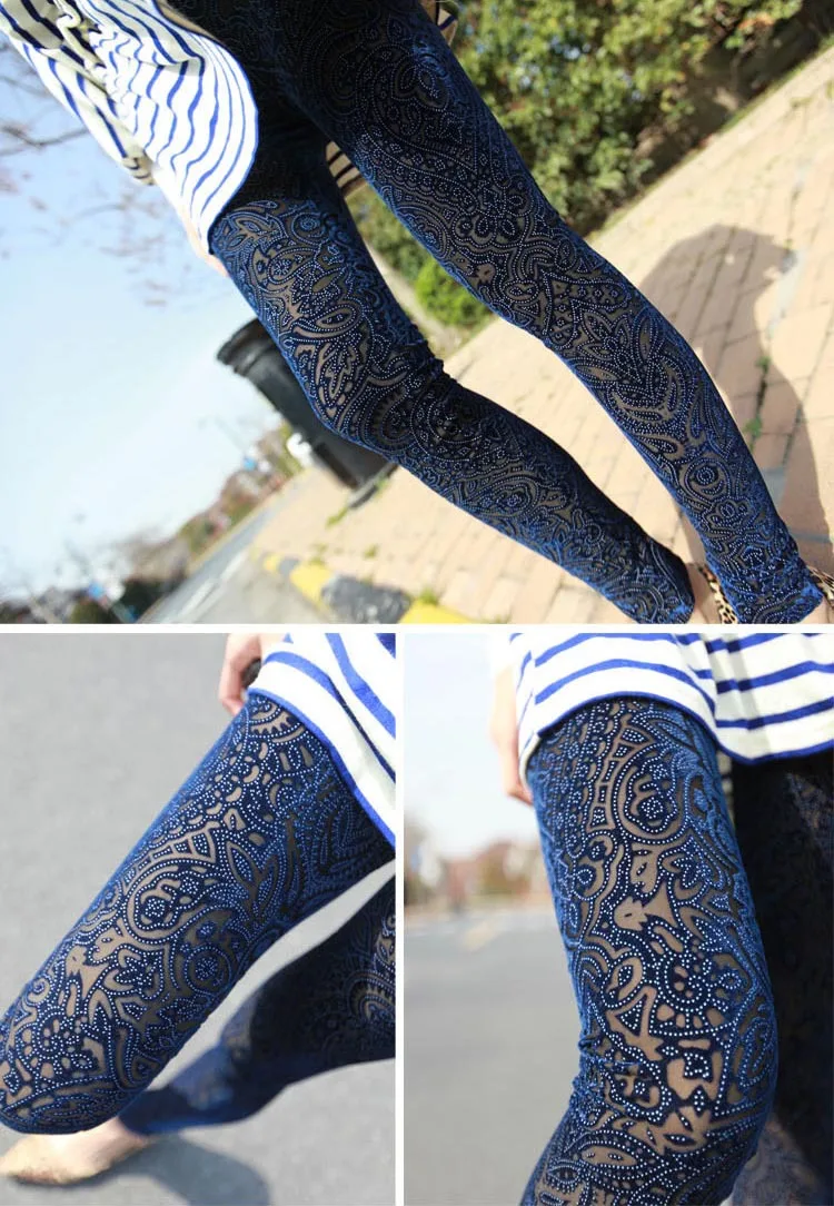 Spring and Autumn Style New Bud Silk Hollow Out Nine Minutes of Pants Net Yarn Faux Fur Splicing Women Leggings Roses