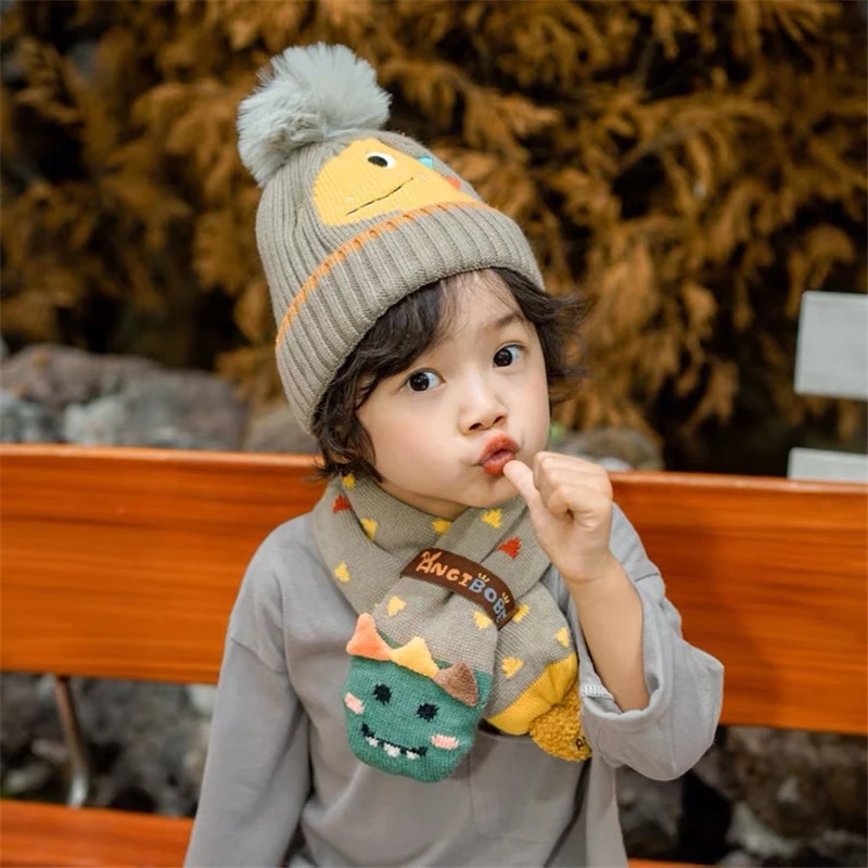 2PCS Set Winter Children\'s Hat + Warm Scarf Knitted,Cartoon Dinosaur Beanies Scarf Set For Children Girls Boys Kids Accessories