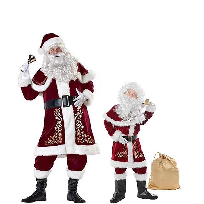 Traje de Papá Noel para adultos, traje de Cosplay de terciopelo rojo de lujo, conjunto de 8 piezas, trajes familiares para fiesta de navidad