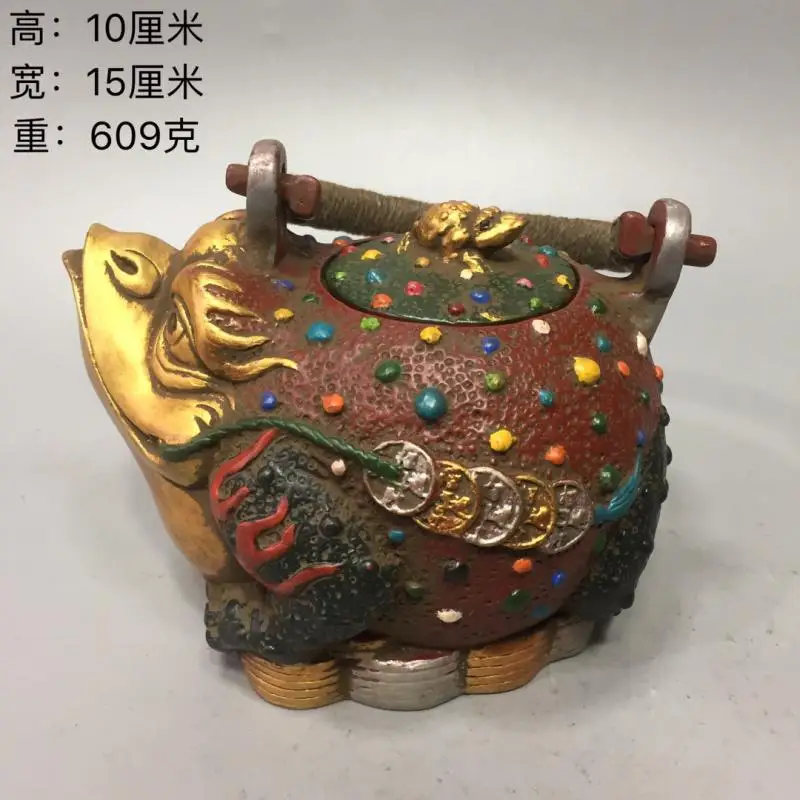 

China Lacquer ware Handmade Color drawing Gold Frog Toad Money water tea pot Feng Shui Lucky Fortune Wealth Tabletop Decoration