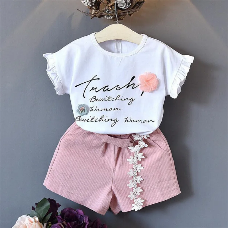 Summer Fashion Kids Girls Clothes 2PCS Baby Outfits Short Sleeve Casual Tracksuits Floral Letter Children Clothing Cotton A380