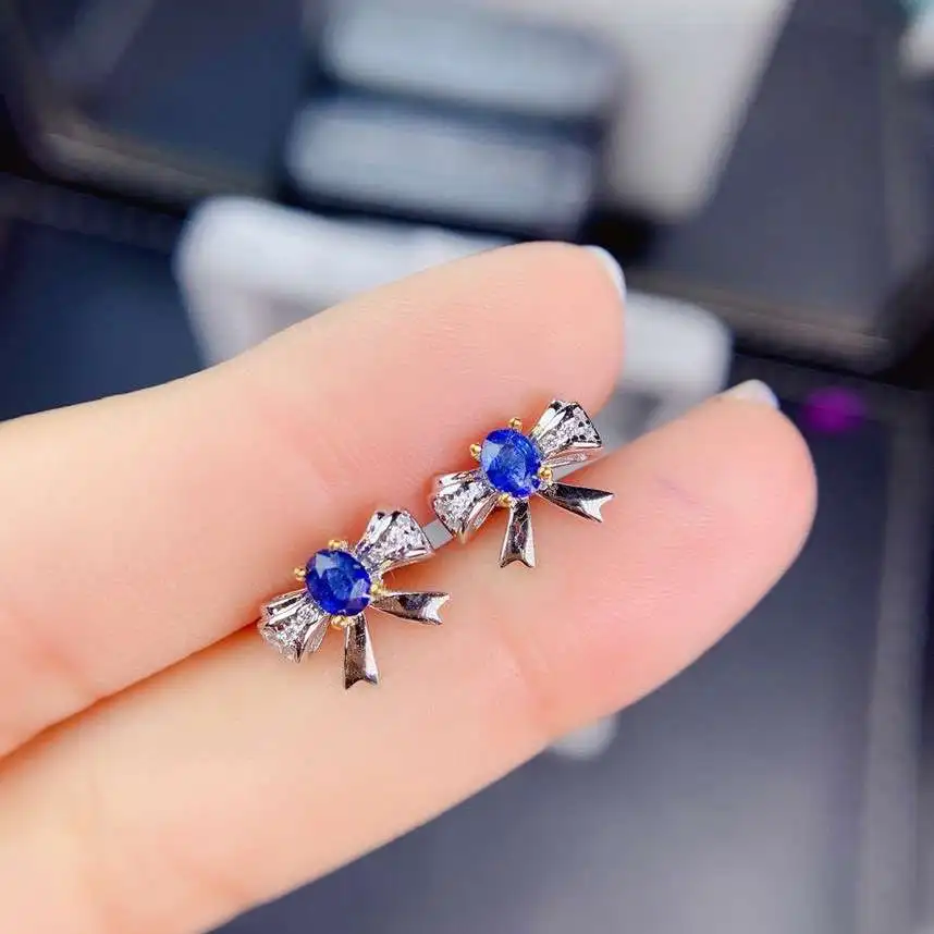 

KJJEAXCMY 925 sterling silver inlaid natural sapphire earrings new vintage ladies ear stud support test