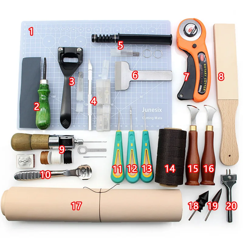 Leather Craft Work Tool - Cutting Mat Edge Thinning Carving Knife Cutter Vegetable Tanning Leather Kit Button Puncher Sewing Awl