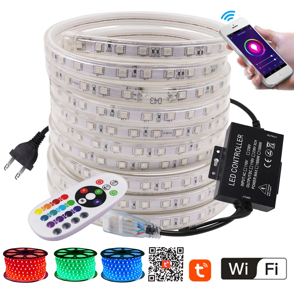 

5050 RGB LED Strip Lamp 1500W Wifi Controller+24key Remote Control Waterproof Outdoor Lighting Flexible Tape LED Rope Light