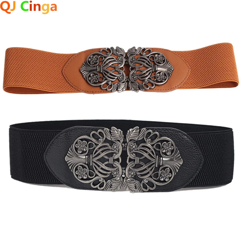 Women Elastic Wide Belt Thick Vintage Totem Print Stretch Leather Waist Belt for Dress Corset Cinch Waistband Cinturon