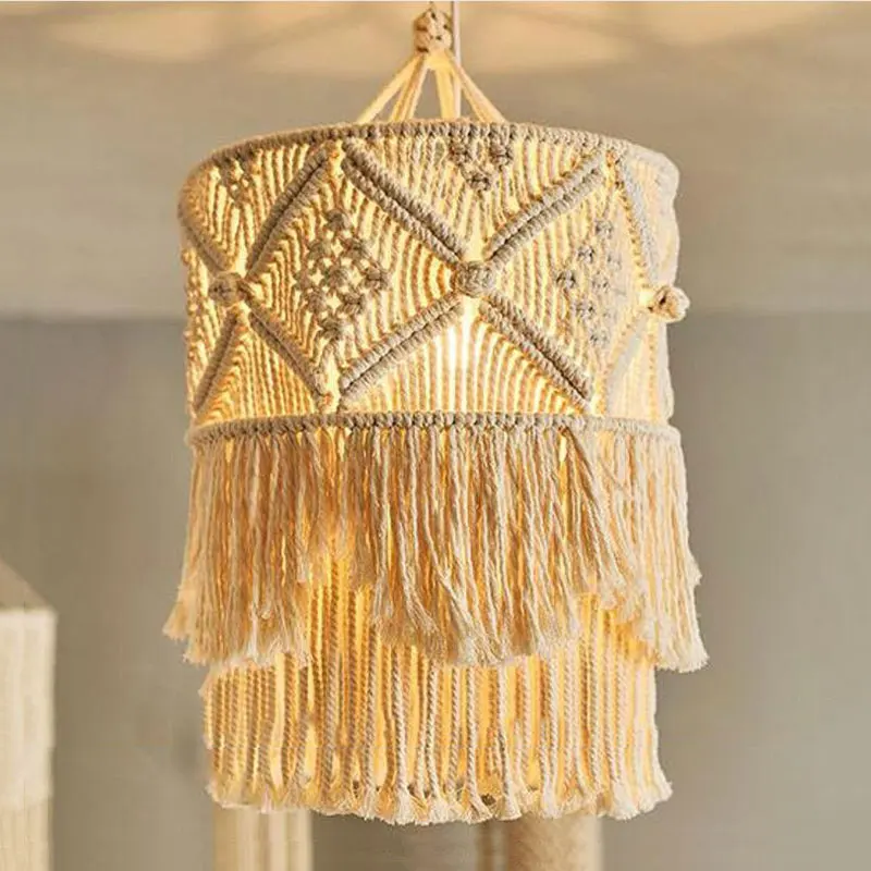 

Nordic Ins Living Room Chandelier Restaurant Bedroom Lamps Tassel Retro Handicraft Woven Bohemian Decorative Light Pendent Lamp