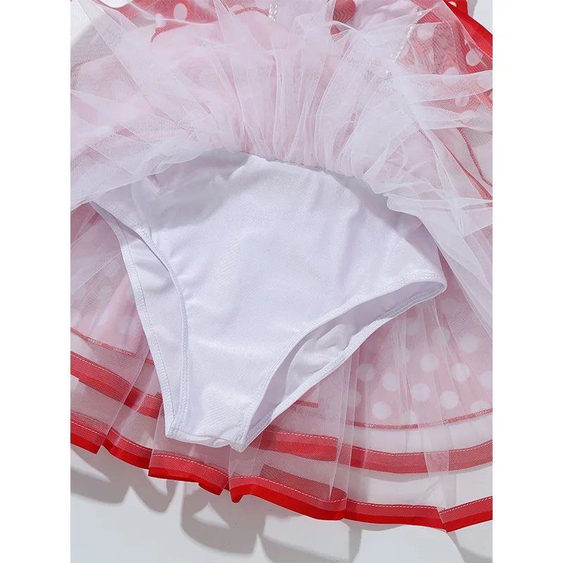 Kids Polka Dots Red Mesh Tutu Ballet Dress Children Girls Skirted Gymnastics Leotard Christmas Outfit Performance Dance Costume