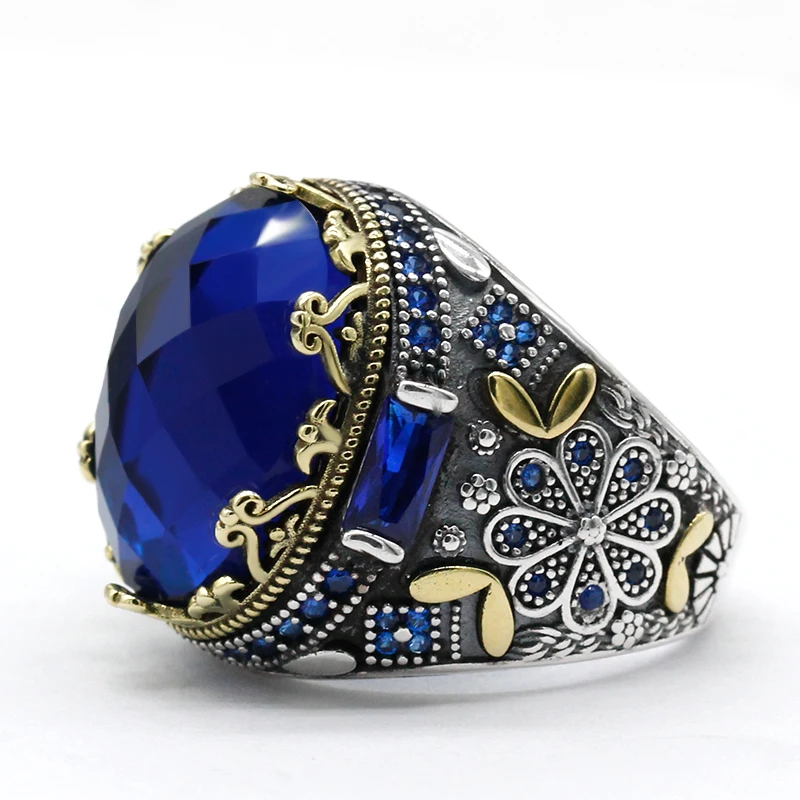 S925 فضة خاتم للرجال ، ريال فضة مجوهرات ، الشرير نمط ، الاصطناعي الأزرق الزركون ، التركية العتيقة ، الذكرى هدية