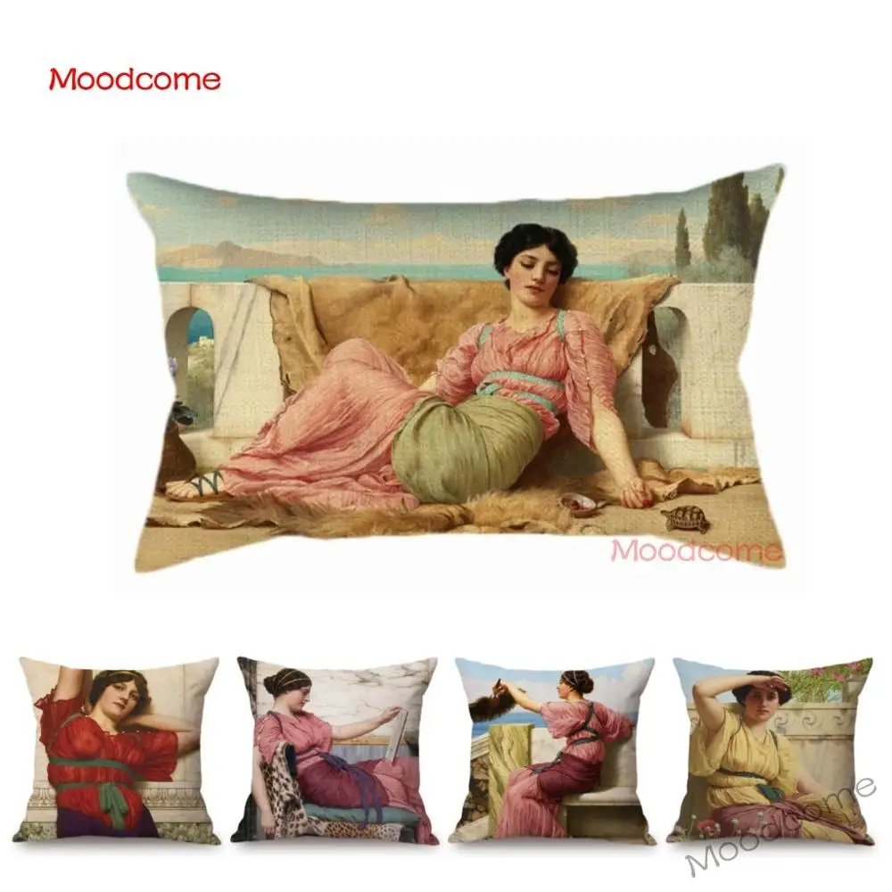 UK Artits John William Godward Aestheticism Goddess Elegant Lady Woman Girl Oil Painting Waist Pillow Case Lumbar Cushion Cover