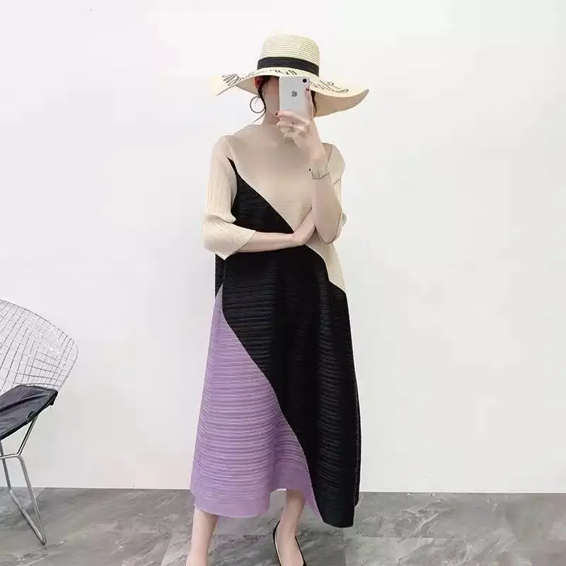 

Miyake pleated dress spring/summer 2021 new color matching fashion comfortable loose plus size women's long skirt 88028#