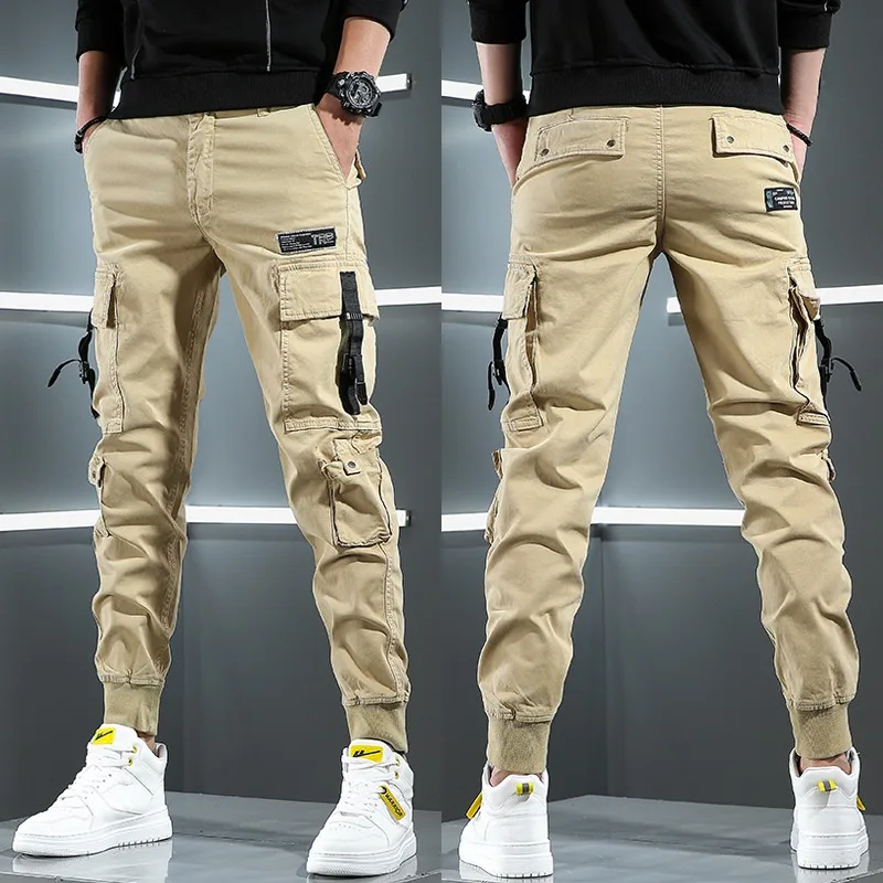 Autumn Tactical Cargo Men Streetwear Hip Hop Casual Big Pockets Gray Cotton Baggy Trousers