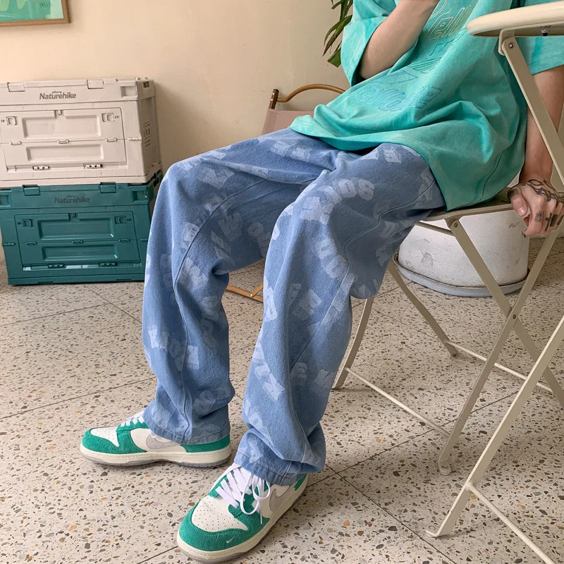 ICCLEK jeans men's summer thin loose print trousers autumn new personality casual wide-leg pants