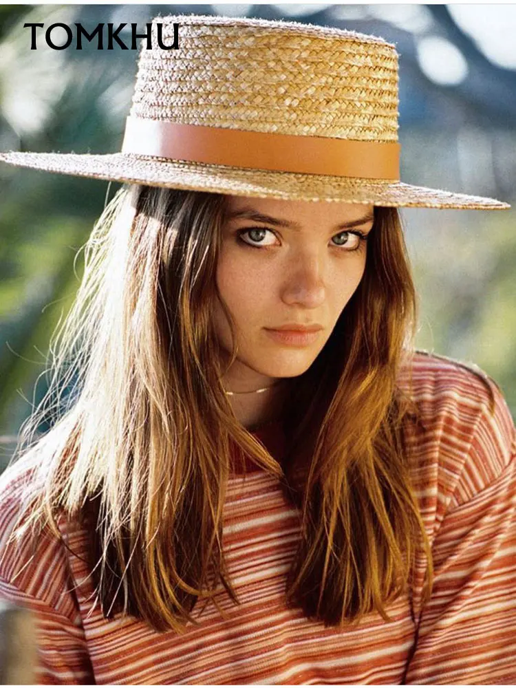 Summer Unisex Handmade Natural Wheat-Straw Women Sun Hat With Leather Strap Wide Brim Flat Top Hats Men Beach Solid Caps Sun