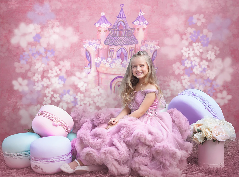 Розовый детский фон с замком для фотостудии, принцесса, день рождения, художественный фон для фотосъемки, реквизит для торта на первый день рождения для девочек