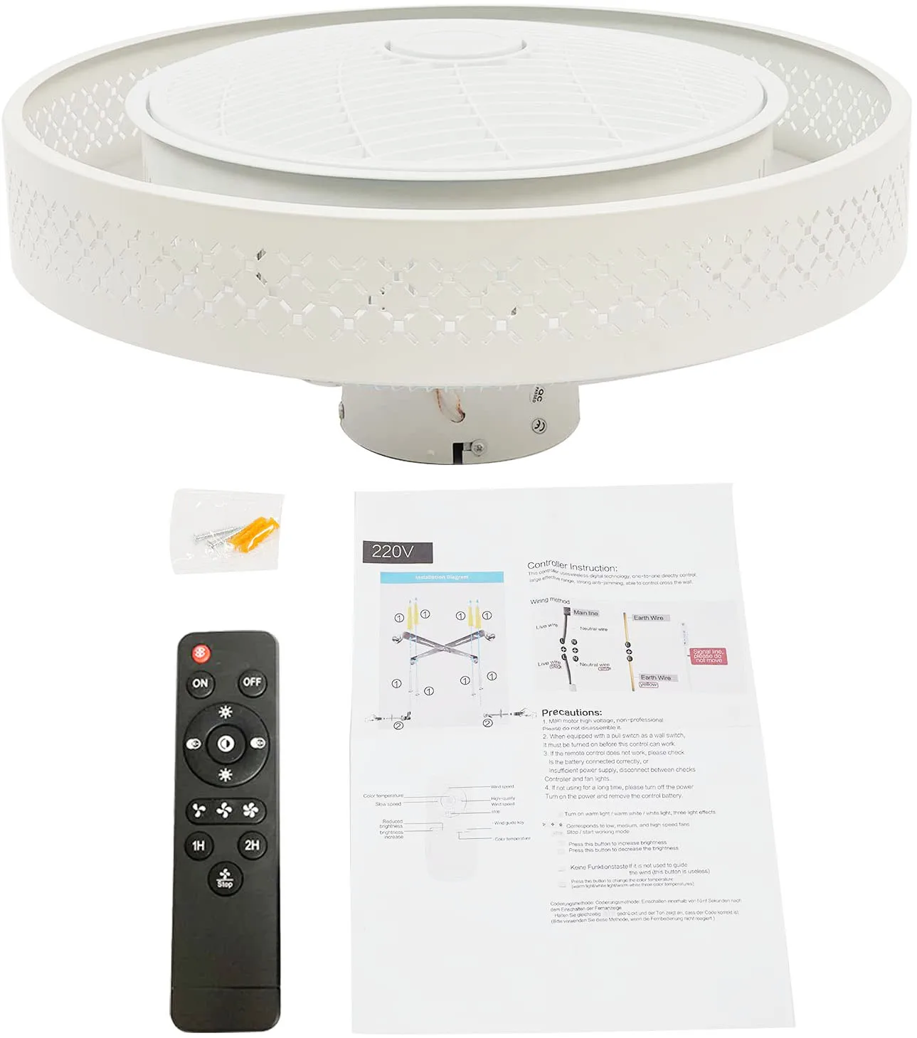 OUKANING Ceiling Fan with Light Led Grid Lamp with Remote Contro for Living Room Dining Room Kitchen