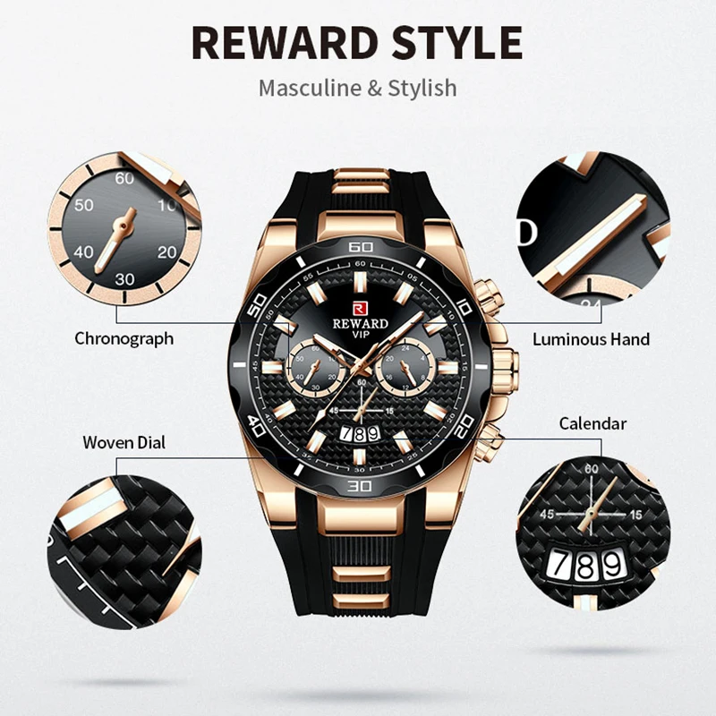 REWARD Men Wristwatches Fashion Business Sport Silicone Strap Watch Luxury Date Waterproof Quartz Chronograph Watches for Men