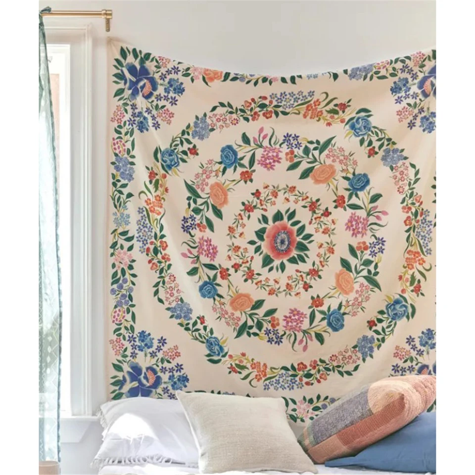 

Wreath Floral Green Leaves Wall Tapestry Mandala Bohemian Carpet Boho Decor Home Dorm Hippie Tapiz Wall Hanging Cloth Beach Yoga