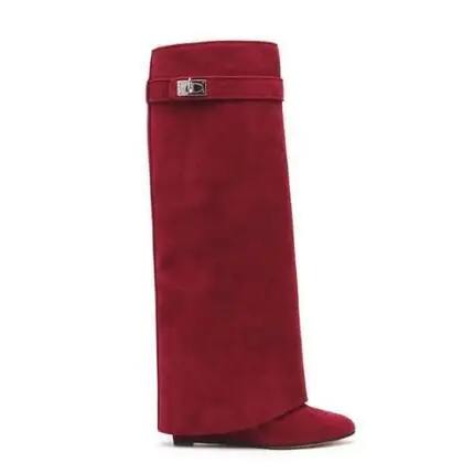 Camel Suede Shark Lock Boots Pointed Toe Fold Over Women Wedge Boots Height Increasing Over The Kee Boots Plus Size 10