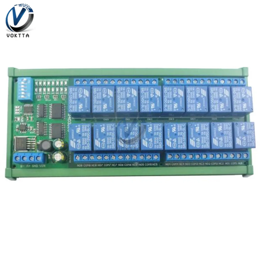 DC 12V 16 Channel RS485 Relay Module Modbus RTU Protocol Remote Control PLC Expansion Board Circuit Board with DIN Rail Box